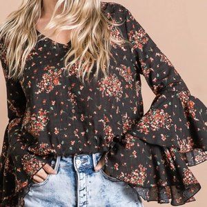 Ladies Juniors Boho Black & Red Floral Top Flowy Blouse - FINAL CLEARANCE